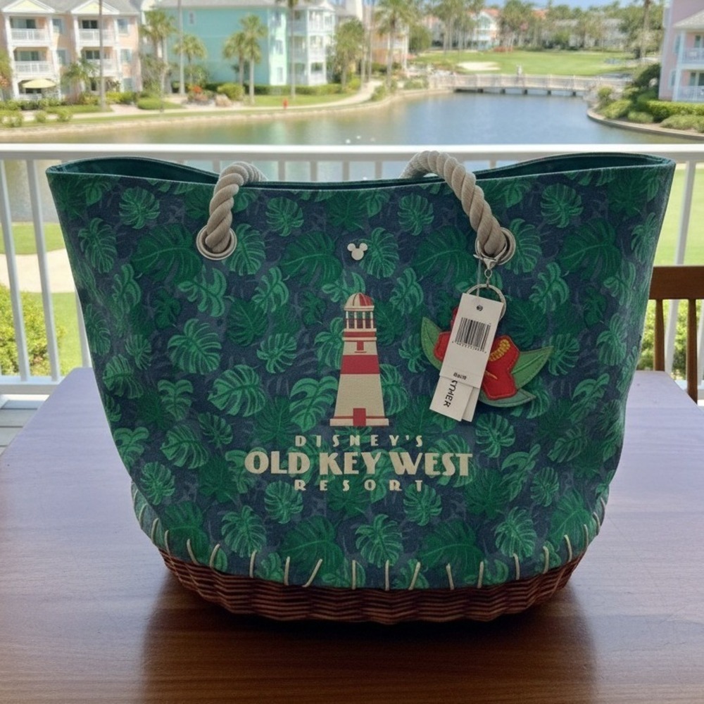 Disney Old Key West Resort Tote Bag, Tropical Monstera Wicker Base Rope Handle